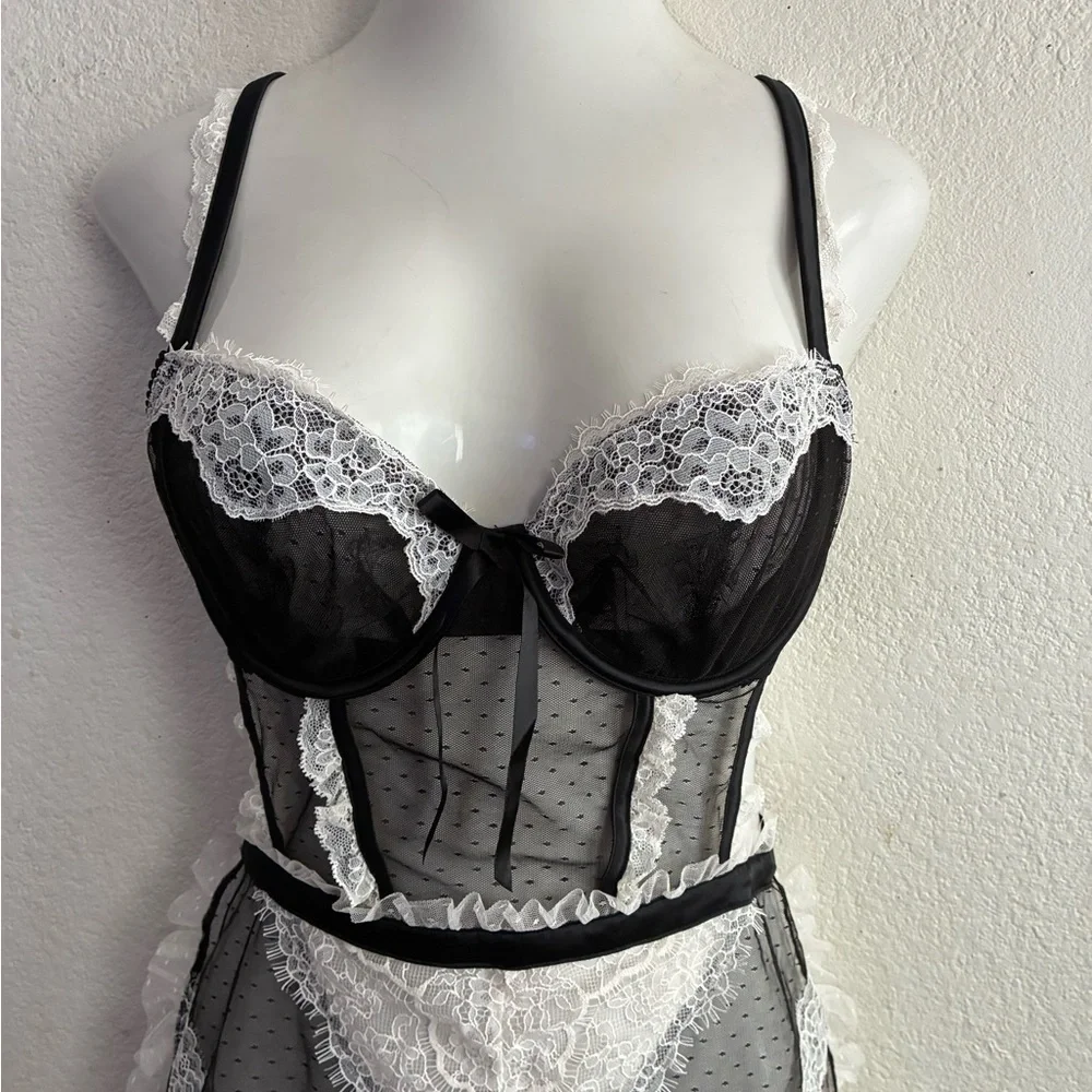 Victoria's Secret Black & White Lace Sheer French Maid Apron Lingerie L